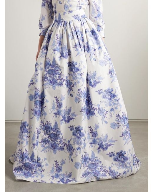 Carolina Herrera Blue Pleated Floral-Print Taffeta Maxi Skirt