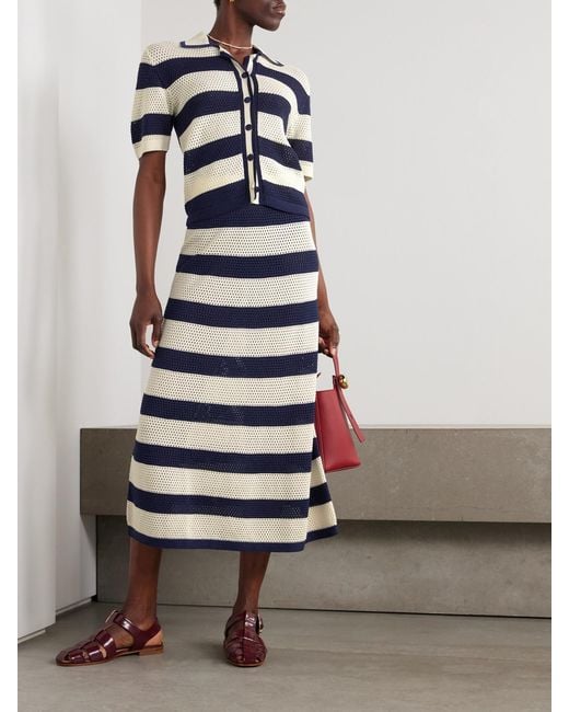 Eres Blue Bayadere Bateau Striped Open-Knit Cotton-Blend Midi Skirt