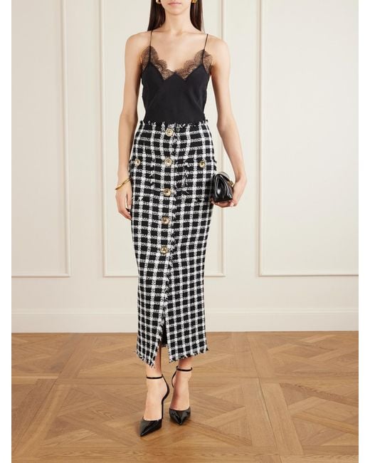 Balmain White Frayed Checked Cotton-Blend Tweed Midi Skirt