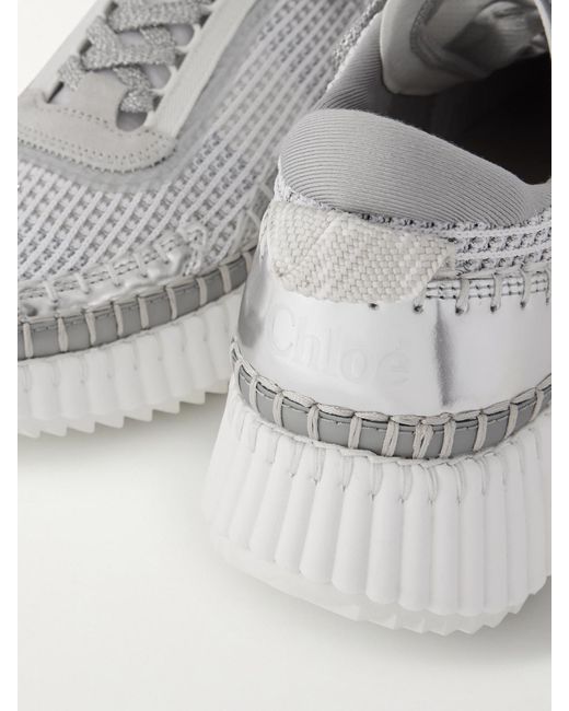 Chloé White Nama Metallic Leather-Trimmed Mesh Sneakers