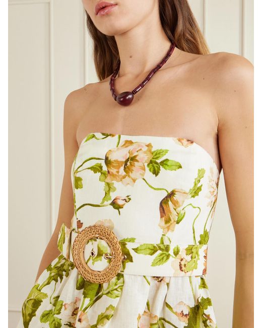 Cara Cara Metallic Tilda Strapless Belted Peplum Floral-Print Linen Top