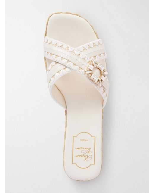 Roger Vivier Natural Strass Crystal-Embellished Leather-Trimmed Raffia Slides
