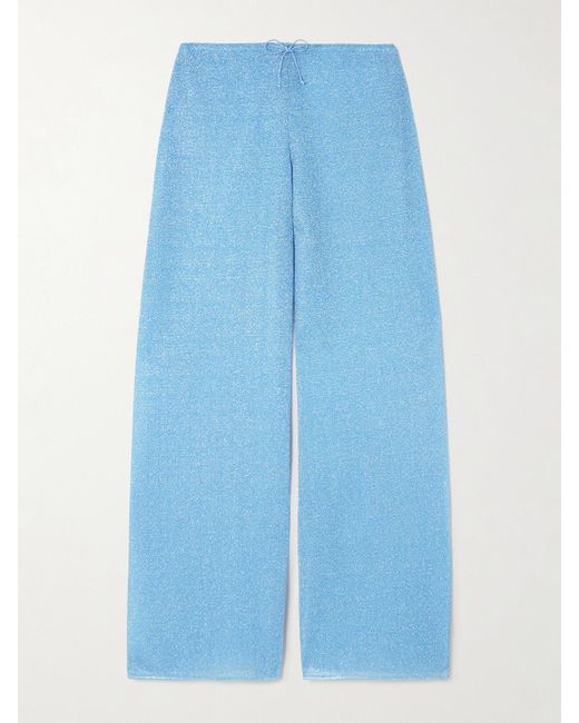Oseree Blue Lumière Metallic Stretch-Knit Straight-Leg Pants