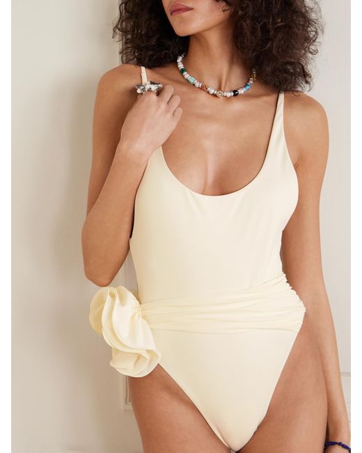 Magda Butrym White Appliquéd Ruched Swimsuit