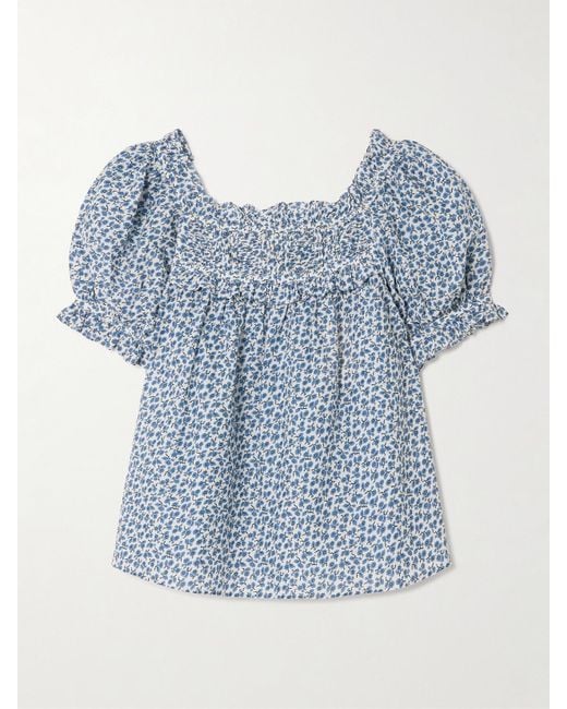 Doen Blue Frances Ruffled Pleated Floral-Print Organic Cotton-Voile Blouse
