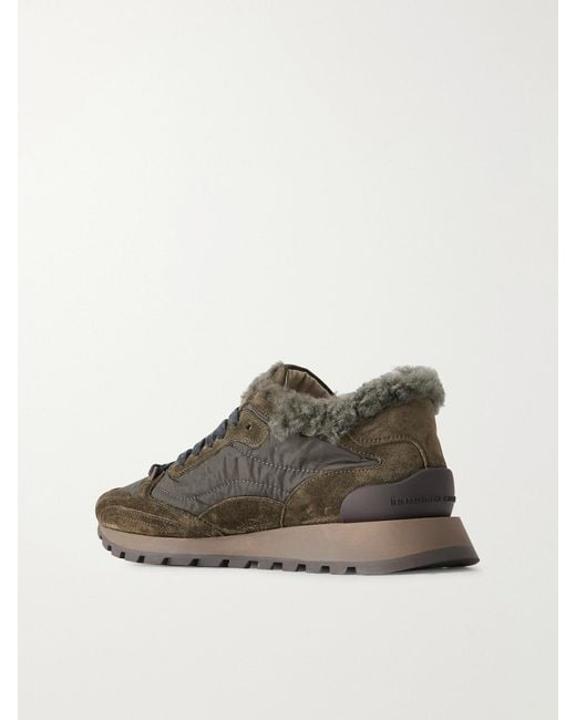 Brunello Cucinelli Brown Shearling-Trimmed Shell And Suede Sneakers