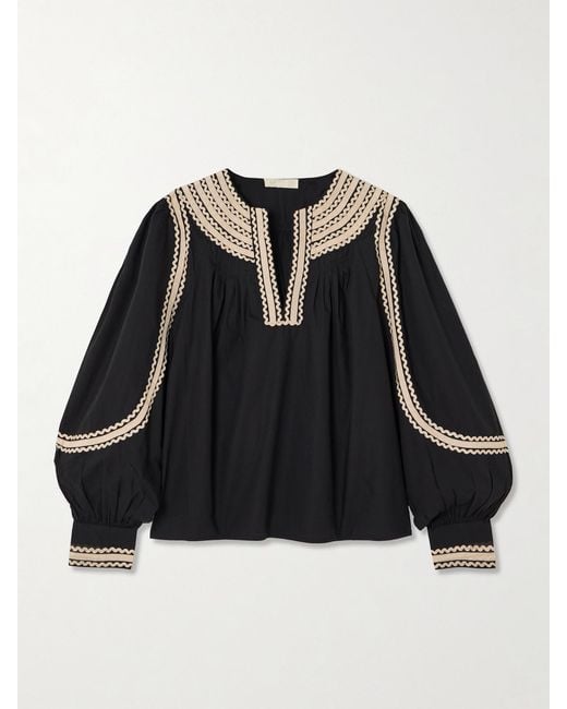 Ulla Johnson Black Laurenza Ricrac And Grosgrain-Trimmed Cotton-Poplin Blouse