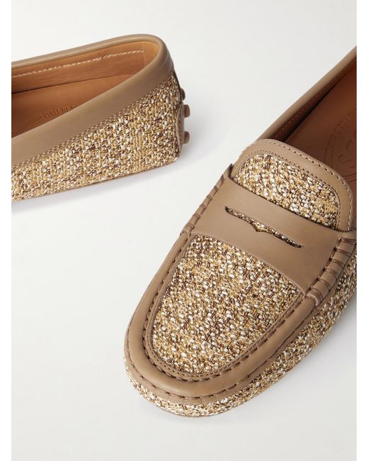 Tod's Natural Leather-Trimmed Raffia Mocassins