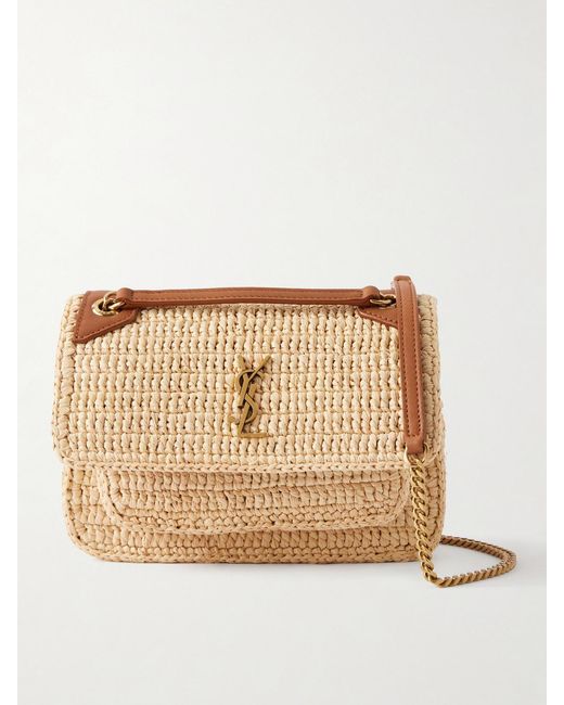 Saint Laurent Natural Niki Mini Leather-Trimmed Raffia Shoulder Bag