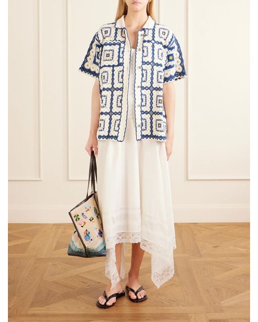 Staud Blue Christos Large Leather-Trimmed Embroidered Bead-Embellished Canvas Tote