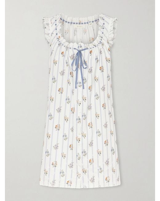 Doen White Nessie Embroidered Striped Floral-Print Organic Cotton Mini Dress