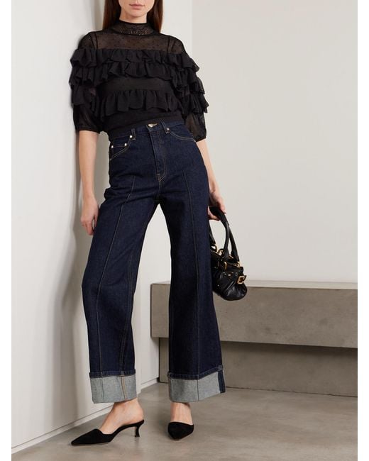 Ulla Johnson Black Corinna Ruffled Tiered Point D'Esprit And Chantilly Lace Blouse