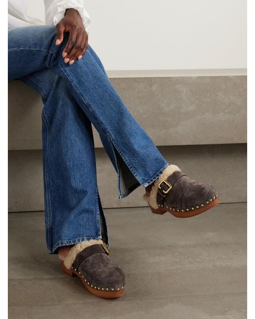 Chloé Brown Jeannette Embellished Shearling-Lined Suede Clogs
