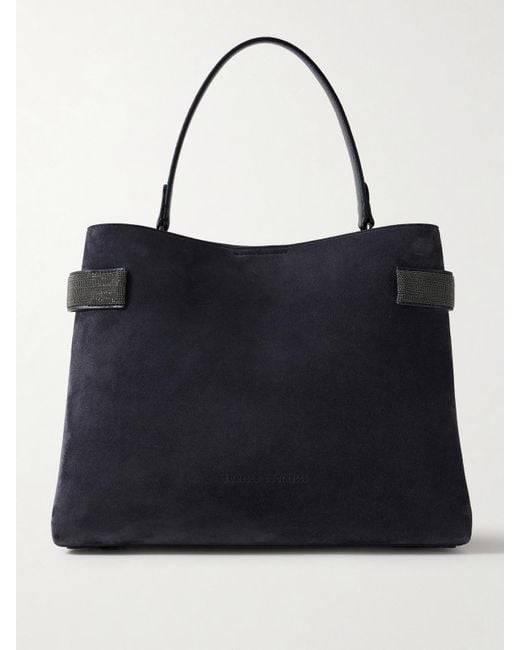 Brunello Cucinelli Black Bead-Embellished Suede Shoulder Bag