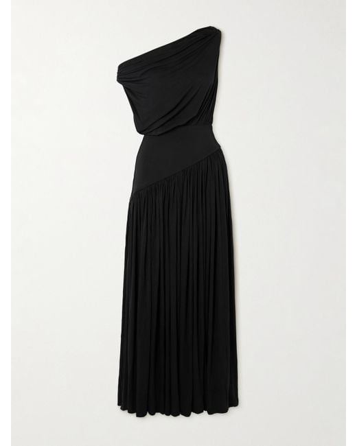 Abadia Black Gwen One-Shoulder Asymmetric Draped Jersey-Trimmed Stretch-Bamboo Maxi Dress