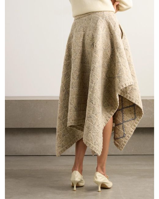 Bottega Veneta Natural Checked Knitted Wool Midi Skirt