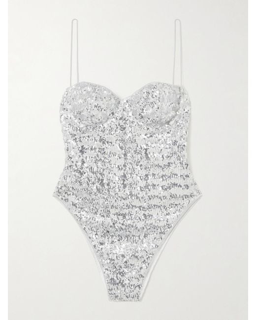 Oseree White Sequined Jersey Balconette Bodysuit