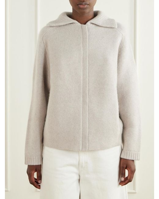 LeKasha Natural Ribbed Cashmere Zip-Up Cardigan