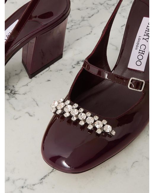 Jimmy Choo Brown Belinda 70 Crystal-Embellished Patent-Leather Slingback Pumps