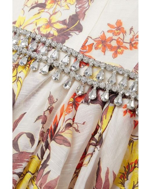 Zimmermann White Matchmaker Embellished Floral-Print Linen And Silk-Blend Midi Dress