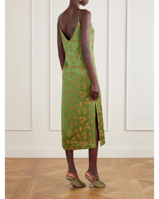 Dries Van Noten Green Floral-Jacquard Satin Midi Dress
