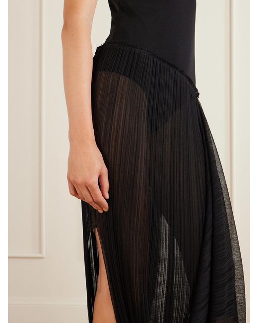 Balmain Black Draped Mesh-Jersey Midi Dress