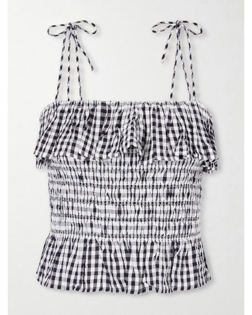 Alix Of Bohemia White Clara Ruffled Shirred Checked Cotton Top
