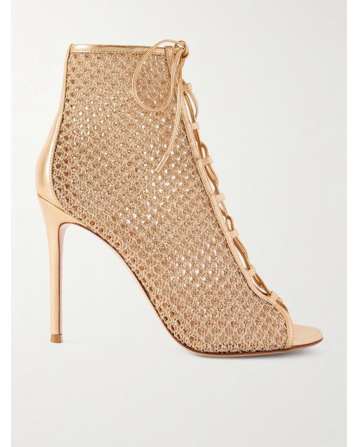 Gianvito Rossi Natural 105 Lace-Up Leather-Trimmed Mesh Ankle Boots
