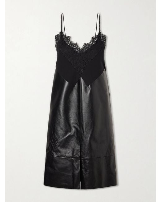 Sharon Wauchob Black Tulipa Gathered Lace-Trimmed Jersey And Leather Midi Dress