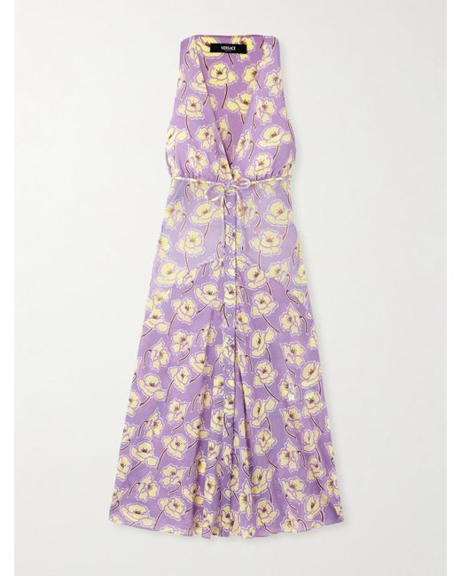 Versace Pink Midikleid Aus Georgette Aus Einer Seidenmischung Mit Blumenprint Und Bindegürtel