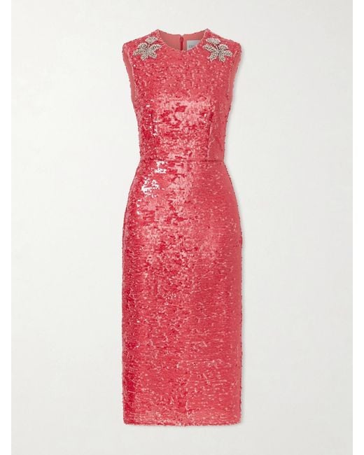 Erdem Red Crystal-Embellished Sequined Satin Midi Dress