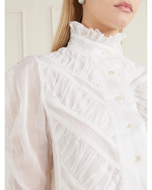 Thierry Colson White Wind Ruffled Ruched Cotton-Voile Blouse