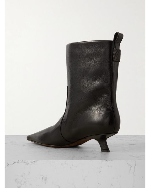 Brunello Cucinelli Black Bead-Embellished Leather Ankle Boots