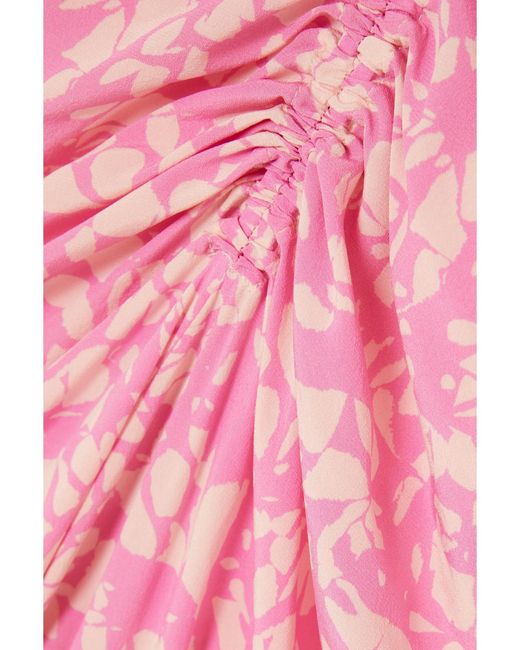 Isabel Marant Pink Ruched Floral-Print Stretch-Silk Crepe Dress