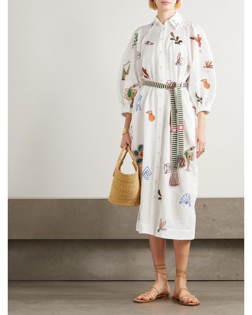 ALÉMAIS White Lrnce Mina Embroidered Ramie Midi Shirt Dress