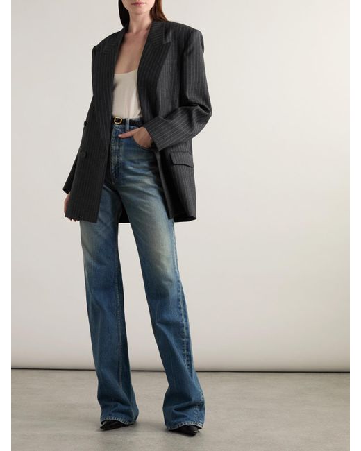 Saint Laurent Black Oversized Double-Breasted Pinstriped Wool-Flannel Blazer