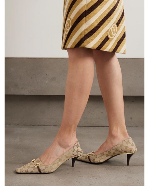 Gucci Natural Vittoria Collapsible-Heel Horsebit-Embellished Leather-Trimmed Canvas-Jacquard Pumps