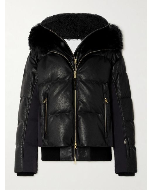 Bogner Black Melia Mehrlagige Skijacke Aus Gestepptem Leder Und Mit Shearling-Kapuze Und Daunenfüllung