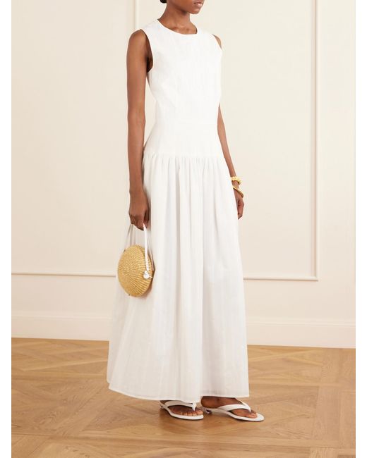 Loulou de Saison White Ama Gathered Striped Cotton Maxi Dress