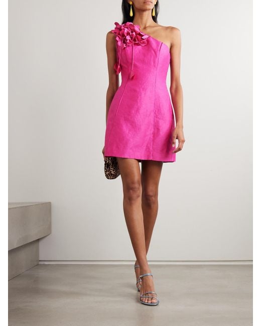 Aje. Pink Camille One-Shoulder Appliquéd Satin-Trimmed Linen-Blend Mini Dress