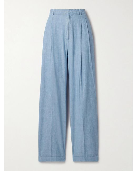 Polo Ralph Lauren Blue Pleated Cotton-Chambray Wide-Leg Pants