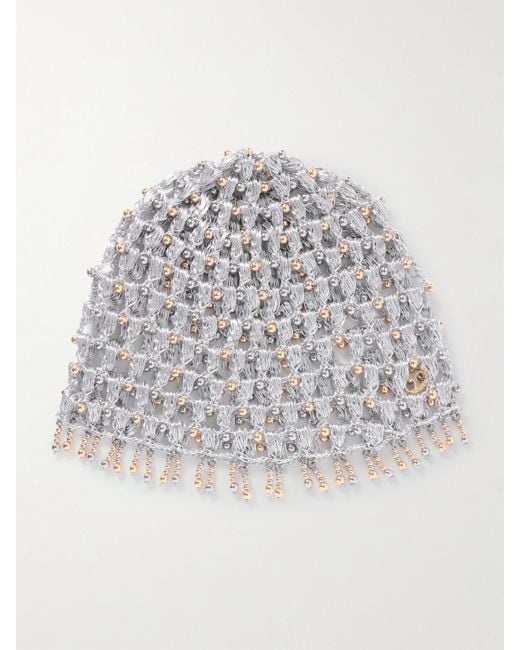 Rabanne White Embellished Metallic Crocheted Hat