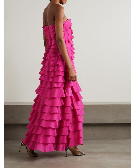 Aje. Pink Fleur Strapless Ruffled Tiered Gauze Gown