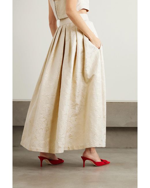 D'Estree Natural Irving Pleated Metallic Floral Brocade Maxi Skirt