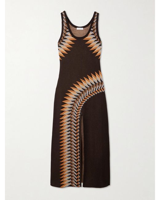 Rabanne Brown Metallic Jacquard-Knit Maxi Dress