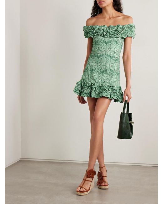 Agua Bendita Green Jardin Schulterfreies Minikleid Aus Einer Baumwollmischung Mit Blumenprint Und Raffungen