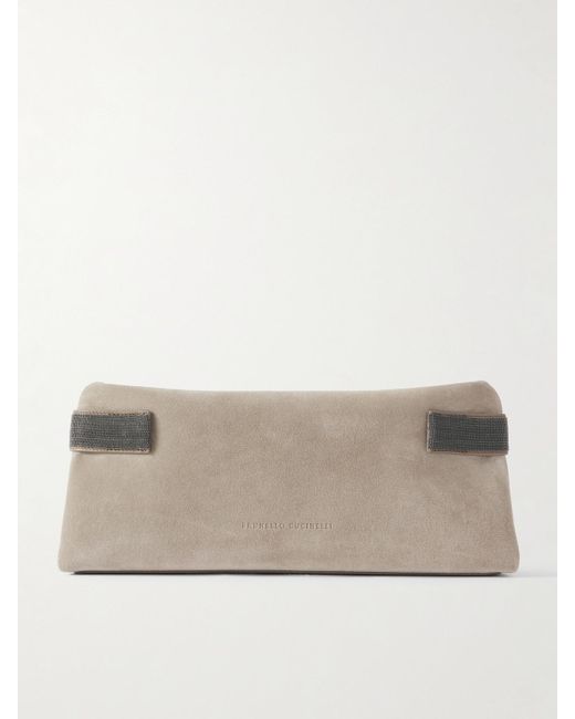 Brunello Cucinelli Natural Bead-Embellished Leather-Trimmed Suede Clutch