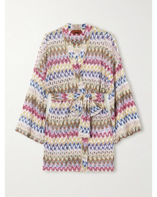 Missoni White Belted Metallic Crochet-Knit Kaftan