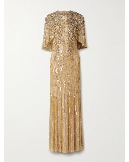 Jenny Packham Natural Cape-Effect Embellished Tulle Gown