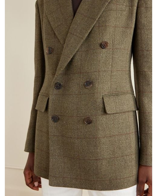 Ralph Lauren Green Ramona Double-Breasted Windowpane Linen, Cashmere And Silk-Blend Blazer